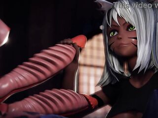 Double-dicked dragon shemale hentai showers large titty kitty with cum
