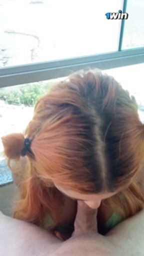 Brazilian redhead on the balcony of a hotel in Balneário Camboriu and cumming on!