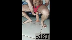 again in red underwear riding my big dildos