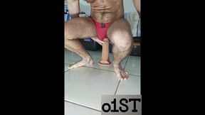 again in red underwear riding my big dildos