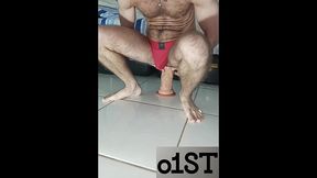 again in red underwear riding my big dildos