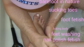 Barefoot nail polish in nature, foot worship and foot smother with trampling, feet oil massage and washing the feet, sucking toes and licking body erotic and sensual with Mistress GospodaricaEmma and Her Alpha Wolfy01
