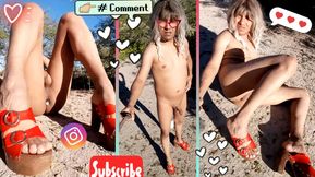 Delicious naked slut in public wearing red heels and plug in the ass very hot enjoying pleasure