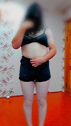 Cute Slim Ladyboy Homemade Sexy Performance Short Shorts Cute Bra White Body Shemale