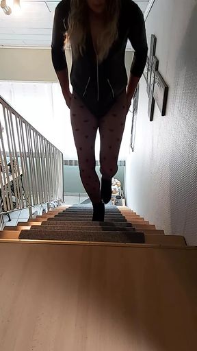 Sissy Bunny teases while stair walking in elegant spiked heels