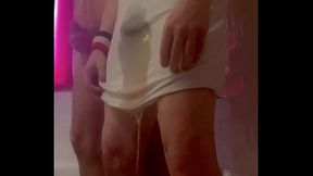 Amateur boy jerks-off in the bathtub as he watches his flatmate piss on himself and wet his t-shirt
