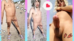 Ladyboy with cute hot feet in mini dress and heels walks in very hot