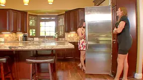 Sexy big tit teen fucks with a hot redhead milf in the kitchen
