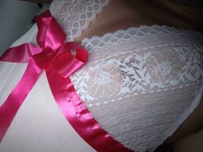 Young cute gay riding dildo and moaning in sexy white baby doll dress