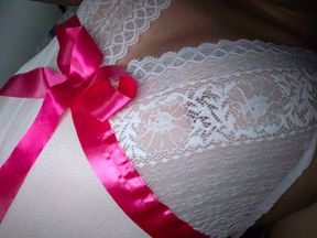 Young cute gay riding dildo and moaning in sexy white baby doll dress