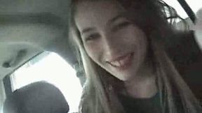 Hot brunette coed from my college sucks my cock in car