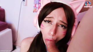 Dva Owerwatch Costume Play. Gamer Lady Rail Fake Penis & Deep Throating Spear While Frolicking