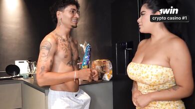 Maid gets raise riding thick cock in kitchen while cum drips from her mouth