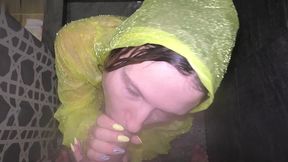 slutty blonde deep suck in raincoat and facial