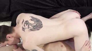 Tattooed Hunk's Thick Rod Gets Licking From Hot Blonde Guy - Gay Porn