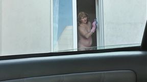 Neighbor's ravishing EXPERIENCED ONE wife shows off big tits and hairy pussy while washing windows