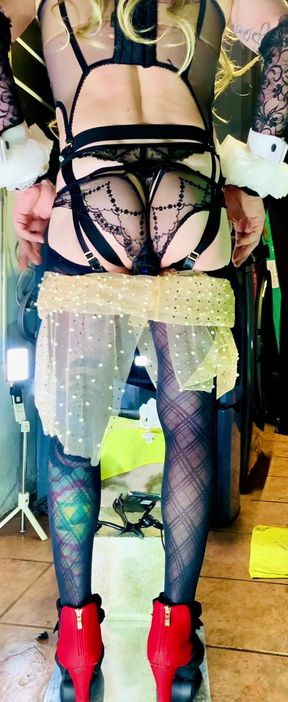 ts shemale in high heels very sexy black stocking lingerie  showing his panties outside