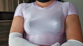 Beautiful and Sexy Sheer Spandex Top and Black Bra with Pointy Tits