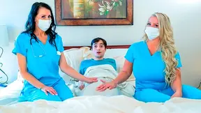 Two horny nurses take care of bratty guy with incredible threesome fucking session