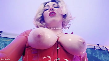 SISSY training, JOI jerk off instructions, CEI cum eating instructor. Red LATEX catsuit Arya Grander