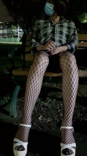 Crossdressing Outdoor Masturbation Cum on Fishnet