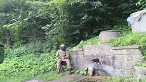 Jerking off in Public on the Road Near a Spring, Caught by a Young Man Masturbating Completely Naked