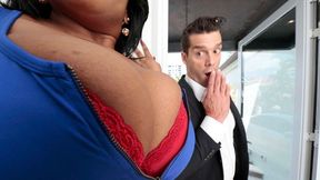 Stunning busty ebony BBW Dominique Marley jumps on a big dick