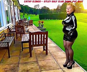 Golf Club Slut Shiny PVC Plastic Skirt High Heels Stocking Slut on The Club Patio