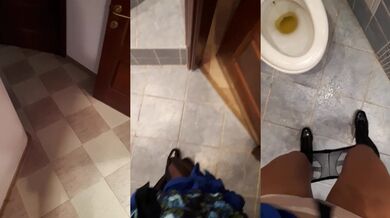 Desperate squatting over the toilet with soaked nylons