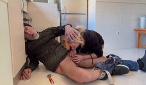 Blonde MILF Gives Plumber A Kitchen Blowjob & Swallows Cum