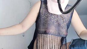 Naughty sexy milf tries on naked clothes. Latina hairy pussy tries on clothes in bed.