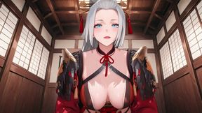Red & Black Kimono Slightly Open, Dual Swords in Hand yet Undeniably Seductive.