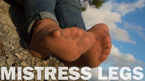 Jeans Feet Teasing In Worned Nylon Socks Outdoor (MP4 HD)