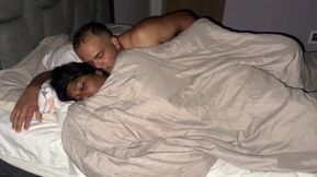 Stepdad wakes up in his stepdaughter&#039;s bed and fucks her filling her pussy with cum.