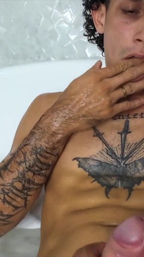 Tattooed Latino Handjob in Shower   Clip 1