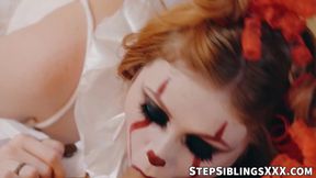 Redhead Scarlet Skies dressed as clown and entertains stepbros dick