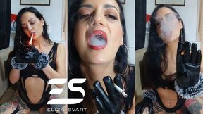 Smoking in a bodystocking and leather gloves