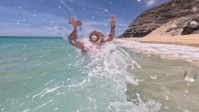Girl Wetting Jeans in the Ocean and Swimming in Wet White T-shirt