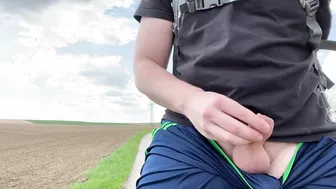 Muscular guy risky public wank and cum on nude beach