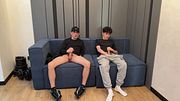 Two guys wanking together and CUM