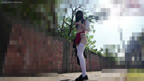 Public anal dildo fucked Japanese ladyboy squirted crossdresser orgasm outdoors