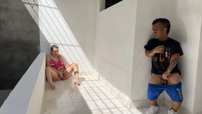 I hear some exciting moans and see my sexy stepsister masturbating; I get horny and decide to lower his horn.