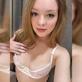 cute obidient teen masturbates in white lingerie in fitting room