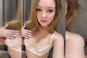 cute obidient teen masturbates in white lingerie in fitting room