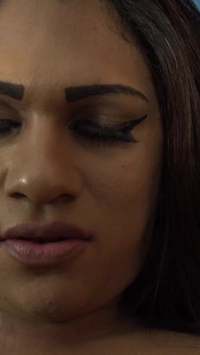 Transsexual Latina teen plays with big toy wile stroking her cock