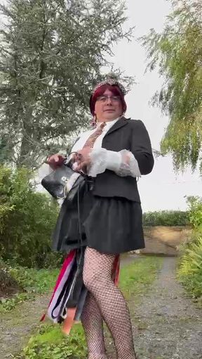 Dressed in a small black skirt and a leopard tie for an evening.