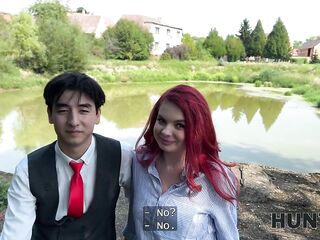HUNT4K. Lascivious redhead Miss Olivia used her natural breasts and flawless body to tempt a producer