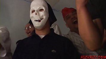 Busty brunette babe Sativa Rose gets fucked at the Frat house
