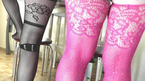 Two women Girl on girl Lesbians in erotic lingerie in kitchen kiss and making sushi sandwich. Fetish Stockings Big ass Milf Sex