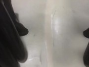 Handjob wearing latex catsuit with latex sheath inside